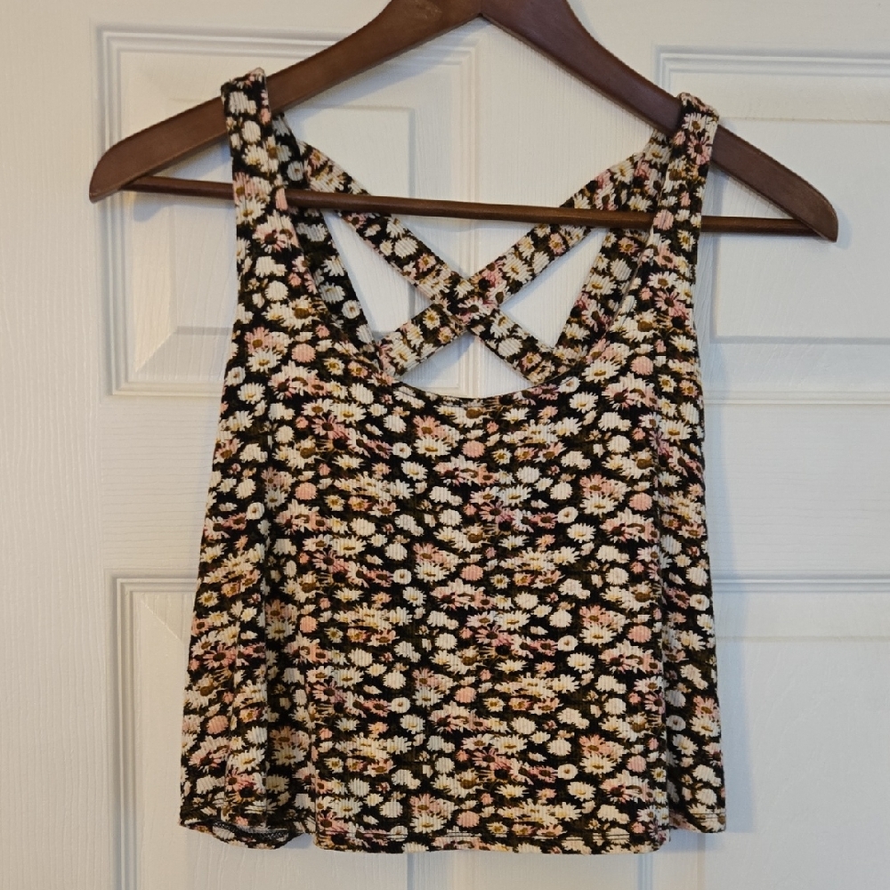 Forever 21 Floral Crossback Crop Top - Black and Cream